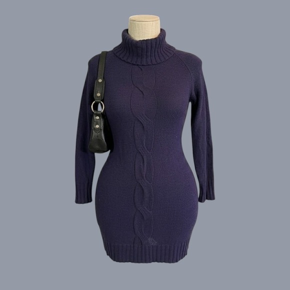 Nina Leonard Sweaters - Purple Cable Knit Turtleneck Sweater Dress Large Bodycon Stretchy Fitted Sexy